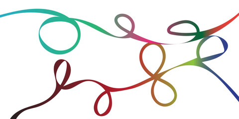 An abstract, playful composition of multiple intertwining, continuous, fluid lines forming distinct loops, figure-eights, and sweeping curves; each line features a smooth, vibrant color gradient (teal