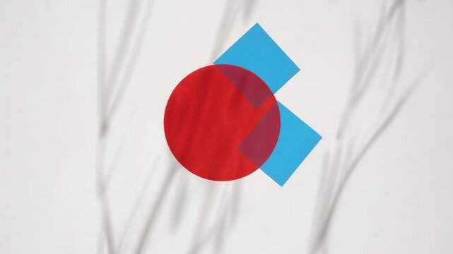 Emerging two blue squares after red circle appearing, pivoting around circle with drifting shadows