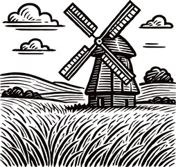 Vintage Woodcut Style Rural Landscape With A Traditional Windmill And Rolling Hills Under A Cloudy Sky