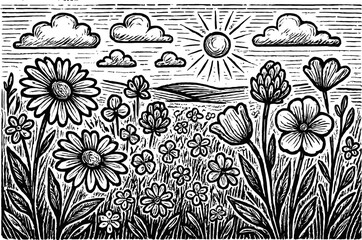 A black and white vintage illustration depicts a vibrant meadow filled with various wildflowers, clover, and grass under a bright, sunny sky with scattered clouds. The sun rays are prominent.