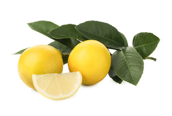 Fresh lemons and leaves isolated on white