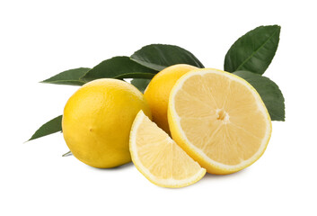 Fresh lemons and leaves isolated on white