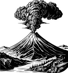 Volcanic Eruption Spewing Smoke and Ash Over a Mountainous Landscape with River