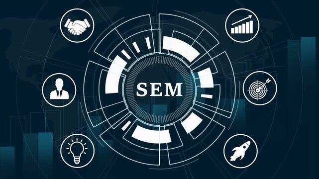 Digital marketing S E M strategy concept glowing atom network with business icons and data flow on dark background.4k video animation. - Powered by Adobe