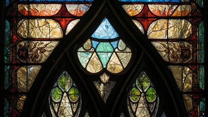 Shifting light filtering through stained glass window with tracery in church, showing color shifts - Powered by Adobe