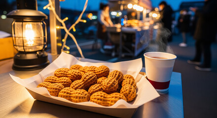 Warm Peanut Shaped Cakes And Tea At Night Market