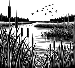 Wetland Scenery With Cattails Reeds And Flying Birds Under A Cloudy Sky