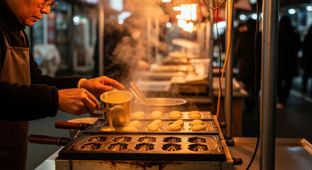 Vendor Making Korean Peanut Bread At Night