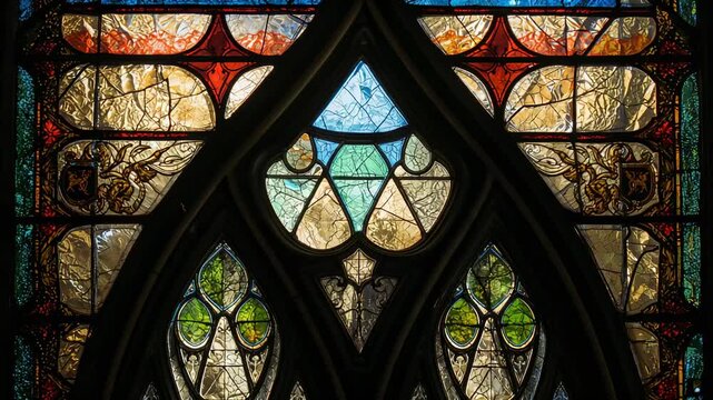 Shifting light filtering through stained glass window with tracery in church, showing color shifts