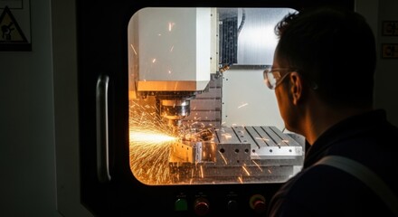 Man engineer watching cnc machine processing metal with sparks. Industrial production and manufacturing technology concept. Automated heavy industry machinery.