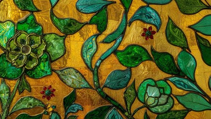 Recording stained glass panel mounted indoors, displaying green leaf motif with red blossom accents - Powered by Adobe