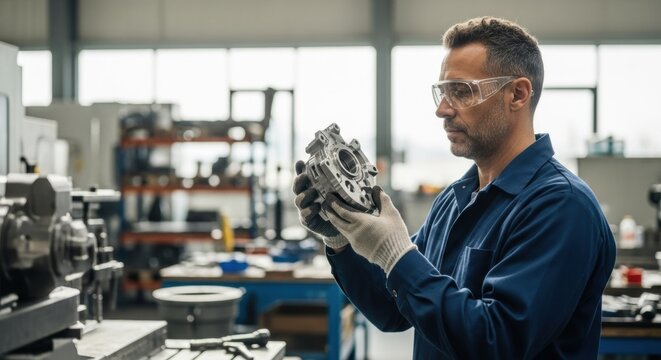 Caucasian man engineer in safety glasses checking detail. Professional factory worker holding metal mechanical part. Industrial precision manufacturing concept. - Powered by Adobe