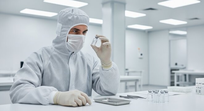Man scientist in cleanroom suit inspecting a vaccine vial. Pharmaceutical manufacturing and quality control research. Modern biotechnological laboratory.