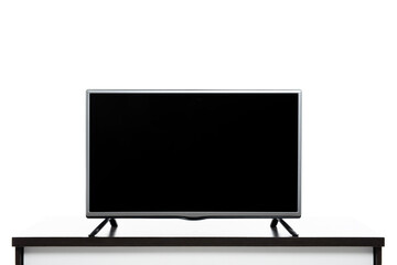 4K LCD, television black blank screen in living room on white background