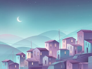 Fototapeta premium Stylized illustration of a town under a night sky with a crescent moon