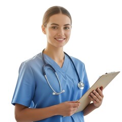 Smiling young female doctor in scrubs holding a clipboard
