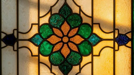 Shifting sunlight casting moving shadows across foyer stained glass panel as sun moves, leaded grid - Powered by Adobe