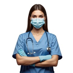 Female medical professional in mask, blue scrubs, stethoscope.