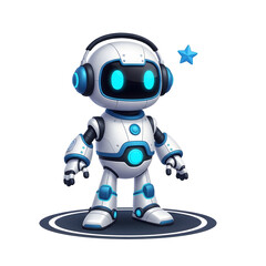 Cute cartoon robot with headphones and glowing blue eyes isolated on transparent background