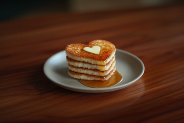 Golden Heart Pancakes with Maple Syrup Dripping Down