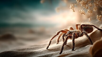 large tarantula close up creep on sand