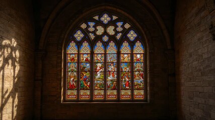 Stained glass window receiving sunlight projecting patterns across chapel floor marking sunrise - Powered by Adobe