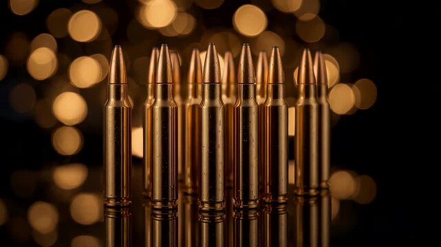 Row of golden rifle bullets standing upright on reflective surface with warm bokeh lights