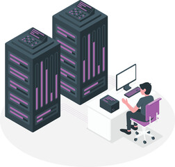 Person Working at Computer Next to Server Racks data center technology