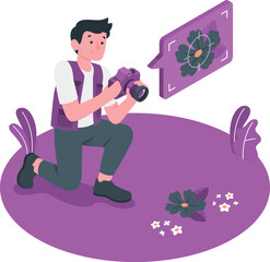 Photographer kneeling to photograph flowers with camera photography crouching