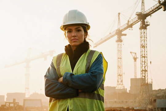 Mujer ingeniera en obra de construcci&oacute;n con casco y chaleco