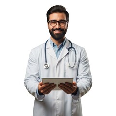 Smiling bearded doctor in lab coat with tablet for healthcare