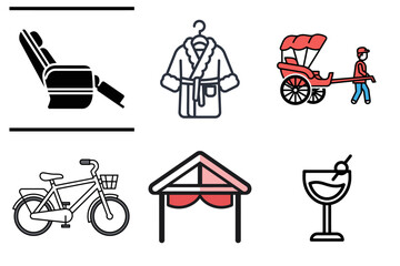 Fototapeta premium Travel, Leisure, and Lifestyle Vector Icon Set: Transport, Comfort, and Holiday Elements