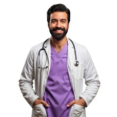 Happy male doctor with stethoscope and purple scrubs smiling