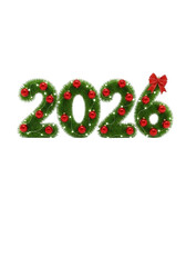 Festive 2026 new year decoration isolated on transparent background, adorned with christmas ornaments and a red bow