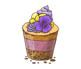 Tasty Creamy Sweet Dessert. Vintage Vector Monochrome Illustration. Hand drawn sketch of Delicious Cup cake With cream top and flower.  Design Gastronomy Product element.