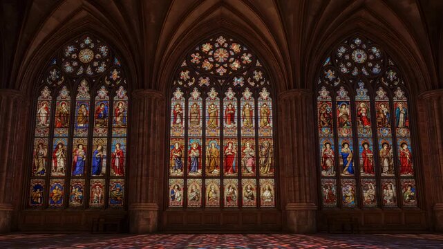 Filtering sunlight through stained glass rose window onto floor in church with columns, benches - Powered by Adobe