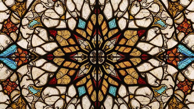 Camera recording stained glass window in church showing star-shaped rosette for worship