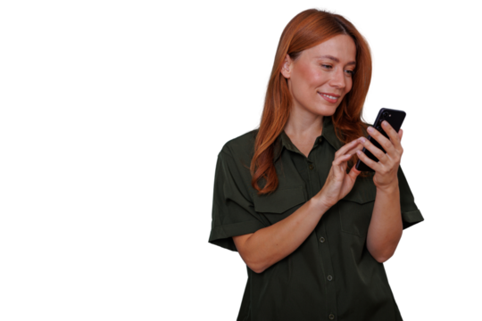 Redhead woman smiling, using smartphone for communication, networking, browsing, isolated on transparent background