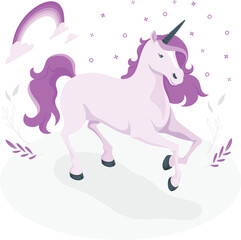 Pink unicorn with rainbow and magical sparkles on white background horse mythical