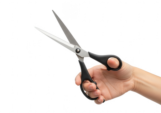Hand holding a pair of scissors isolated on transparent background, ready for cutting and crafting projects - Powered by Adobe
