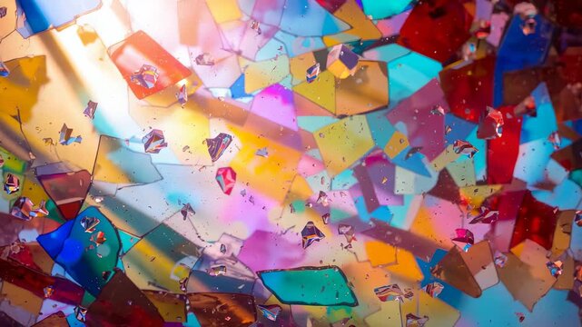 Diagonal beam sweeping across vibrant shards in closeup and refracting light into glinting droplets
