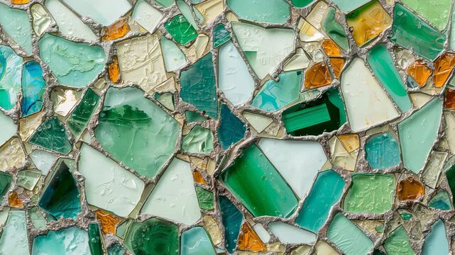 Camera recording glass mosaic panel on interior wall, highlighting green teal amber fragments - Powered by Adobe