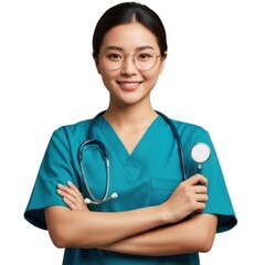 Professional asian female doctor in scrubs holding stethoscope