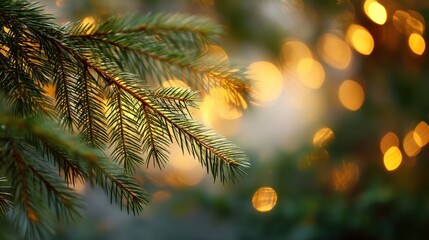 Pine branch with festive bokeh lights. Holiday background for Christmas and New Year celebration. Season greeting concept with warm glow.