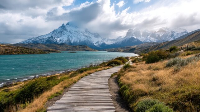 Wooden boardwalk along a turquoise lake with snow-capped mountains and dramatic clouds in the background. Nature travel and adventure concept.