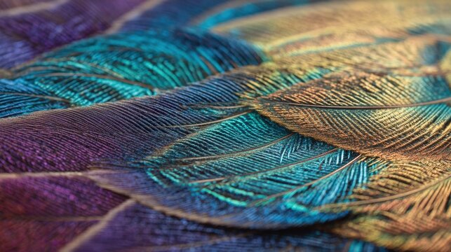Close up of vibrant peacock feather with iridescent colors. Beautiful detailed texture of exotic bird plumage for decorative background and abstract concept.