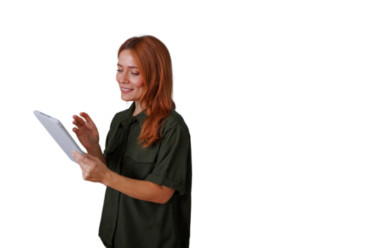 Redhead woman using a digital tablet for online communication and connecting, smiling, transparent background