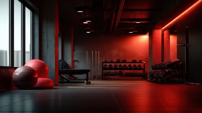 Empty gym interior with exercise balls and dumbbell racks in red neon light. Fitness, healthy lifestyle, bodybuilding. Modern health club for workout.
