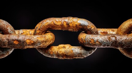 Fototapeta premium Close up of a rusty metal chain section on a black background, representing strength, connection, and historical resilience a symbol of endurance.