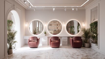Bright beauty salon interior with three round mirrors, pink velvet chairs, and green plants. Hairdresser or makeup studio for cosmetology and barbershop decor.